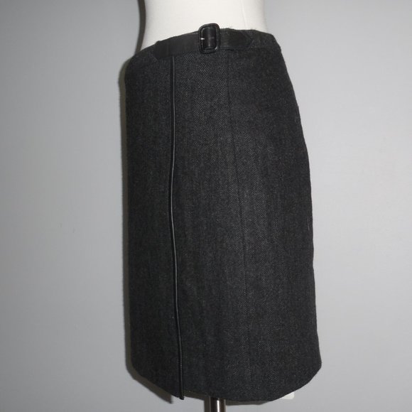 Ralph Laurent Blue Label Gray Wrap Chevron Wool Real Leather Trim Skirt 4 - Picture 4 of 13